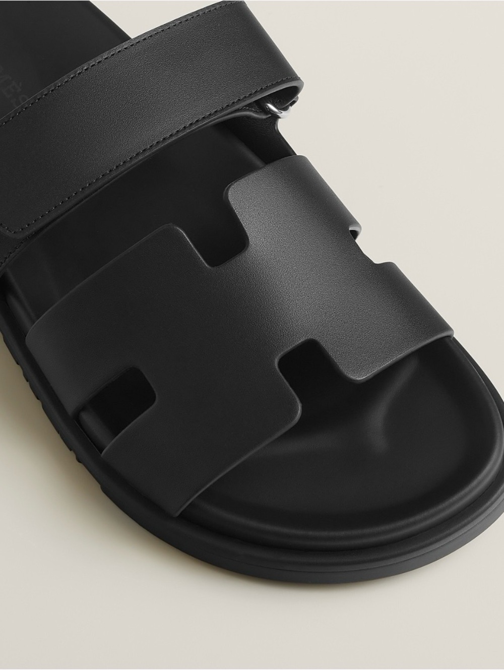 Hermes Black Leather H Slide Men's Sandals